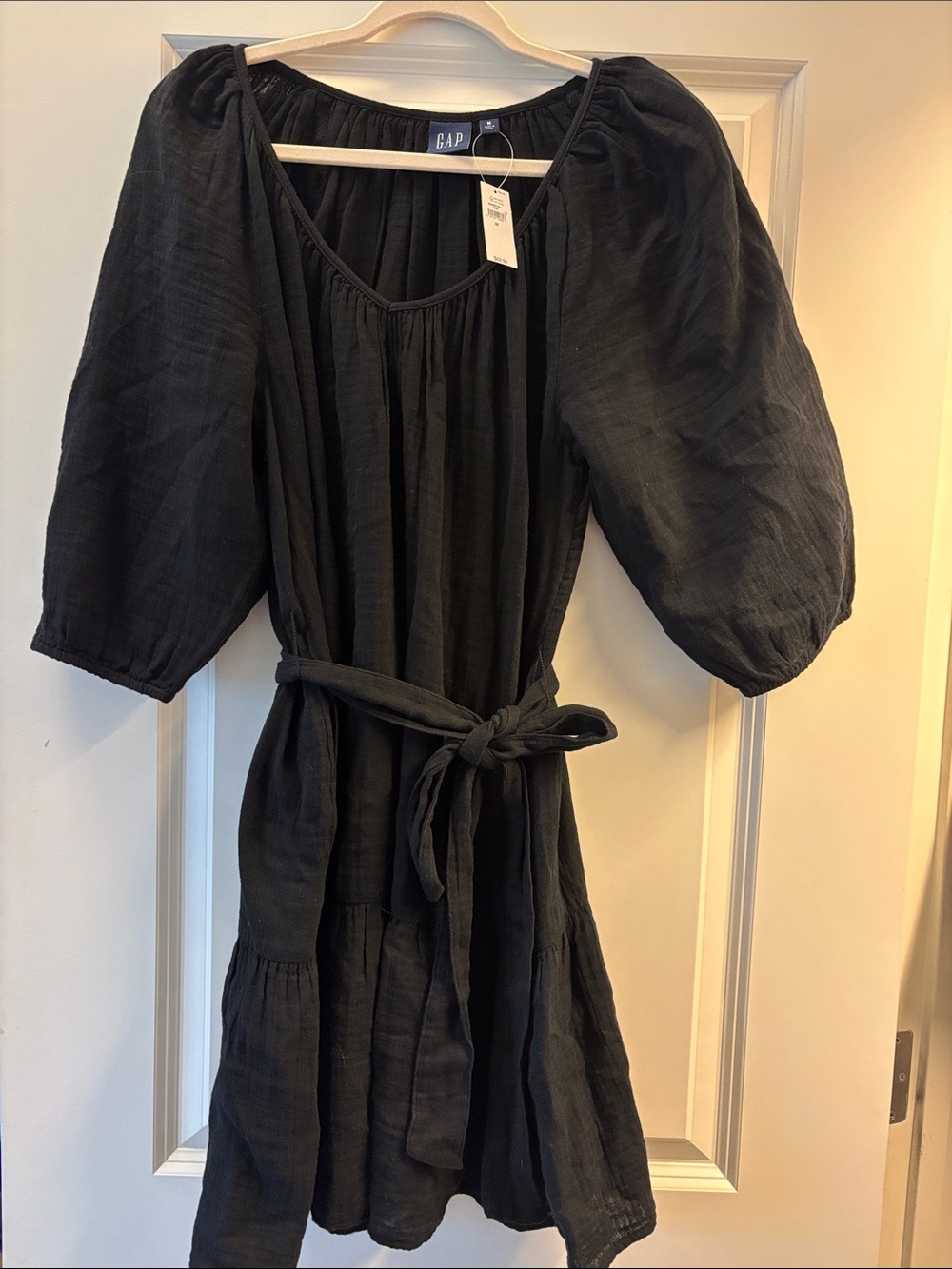 GAP Black Gathered V-Neck Mini Dress with Self-Tie 100% cotton